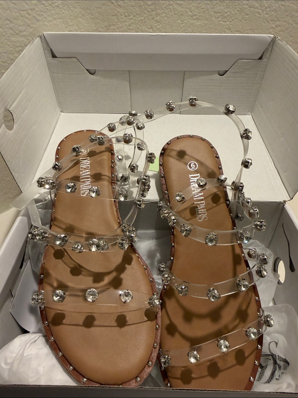 Dream Pairs Clear Crystal-Strap Sandals in Brown